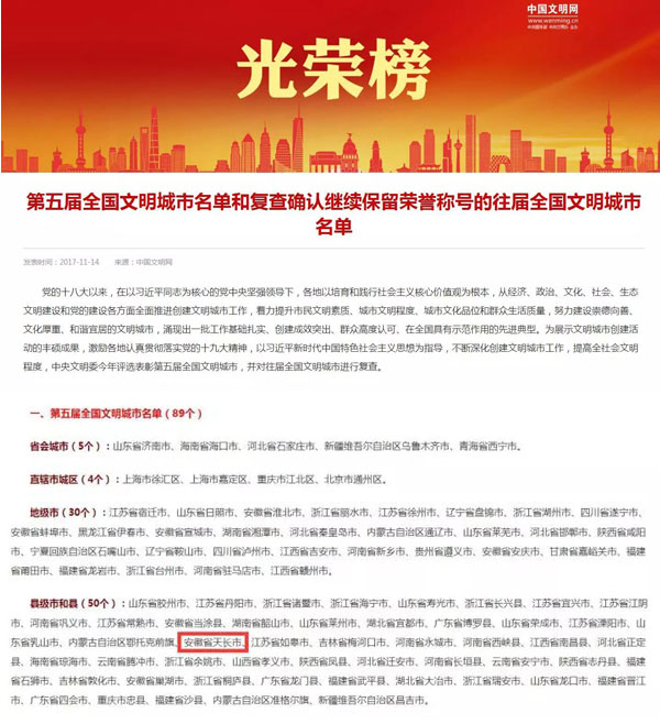 第五屆“全國文明城市”入選名單，來自“中國文明網”